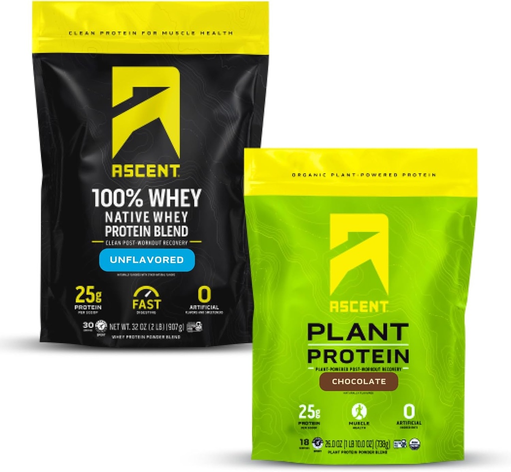Ascent Whiy + Plant Protein Powder - Tanpa rasa 2 lb & Chocolate 18 Servings