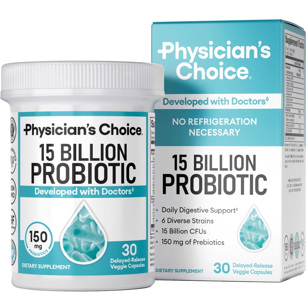 Physician 's CHOICE Progreer 15 Milyar CFU - 6 Diverse Strains & Organic Prestics, Disign for Overall Digetical Health and Supports Occational Constipation, Dicauses, Gas & Bloating