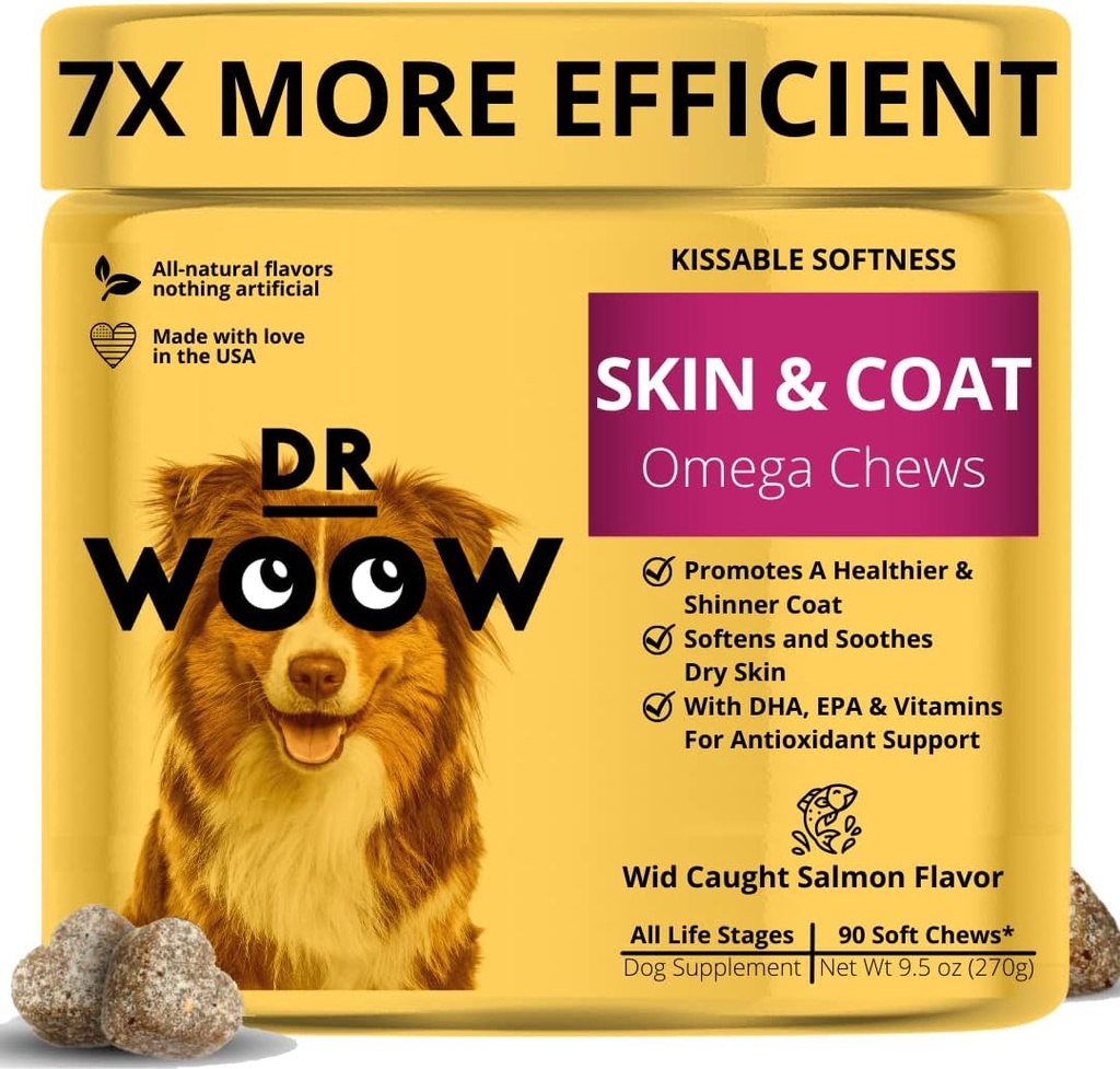 Omega Wild Alaska Salmon Oil 90 ct Soft Chews for Dog - Anti Itch & Coat + Allergy Dukung, dengan Kelp, Biotin, Vitamin, Zinc - Membantu Itchy Skin, Dog alergy, May Reduce Shedding