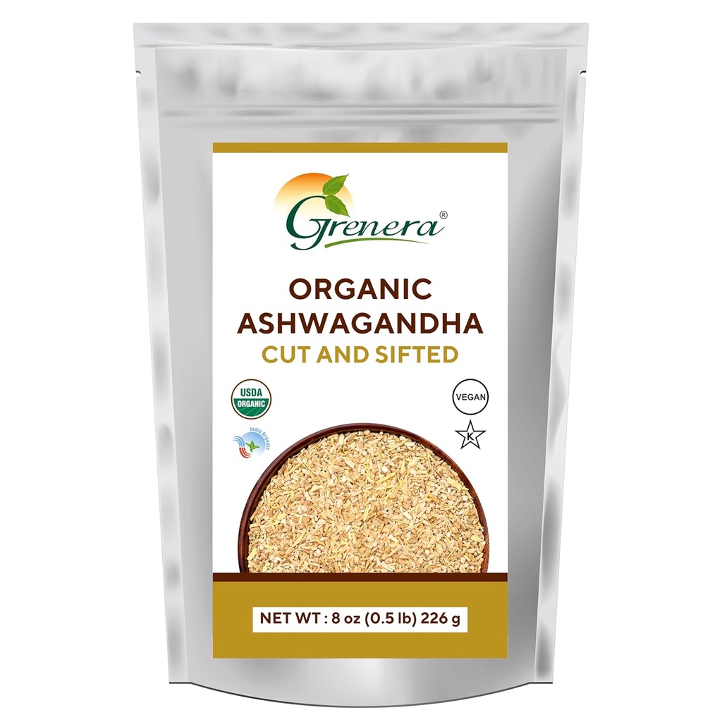 Akar Ashwagandha Organik Grenera Potong dan Sifted 8 oz, Withania Somnifera USDA Disertifikasi 3-5 mm Ukuran, Terbaik untuk Membuat Teh Herbal