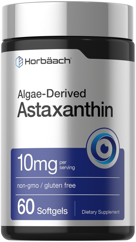 Suplemen Horbäach Astaxanthin 124; 10mg 124; 60 Softgels 14; Algae Derived Formula 126; Non-GMO, Gluten Free