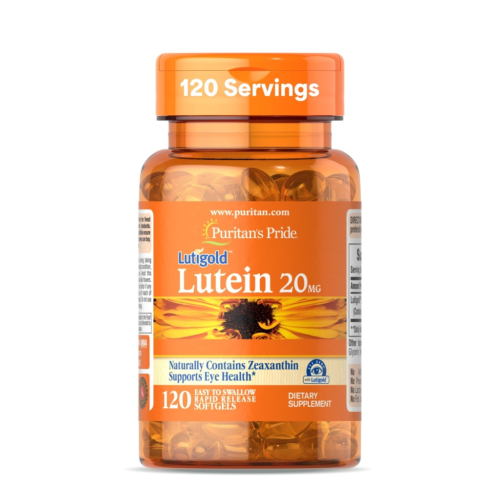 Puritan 's Pride Premium Mintigold ™ Lutein Carotenoid 20mg with Hobxanthin for Men and Women, Dietary Suppport for Eye Health, 8 Bulan Supply, 120 Easy- to-Swallow Softgels