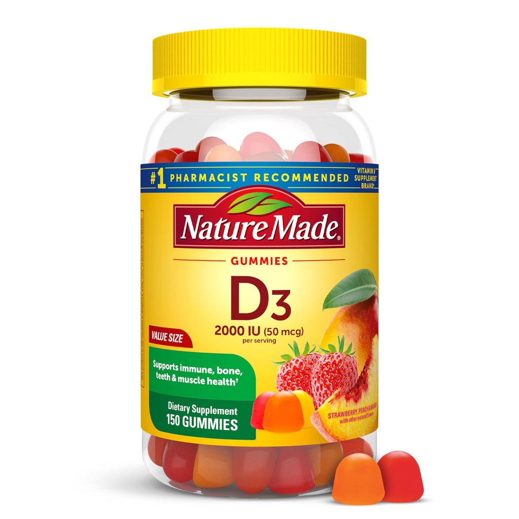 Nature Made Vitamin D3 2000 IU Per Serving Gummies, Bone, Teeth, Muscle and Immune Health Supply, 75 Vitamin D Gummies untuk Dewasa