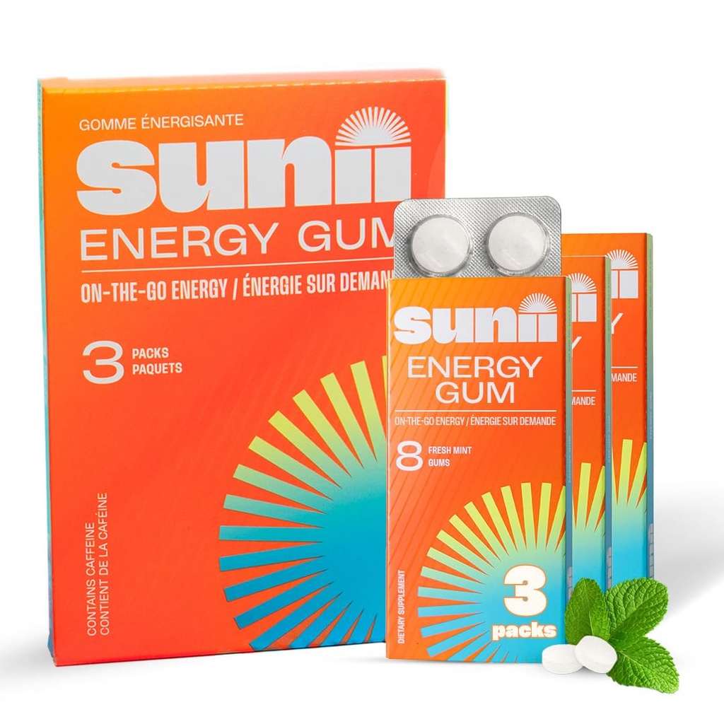 SUNII ENERGY GUM - New Quick Boost Energy & Focus - 50mg Caffeine Gum -Vitamin B6 & B12, Taurine, Vegan, No Sugar, Zero Calorie, Fresh Mint - Lebih cepat dari Chews, Mines, Gels (24pcs)