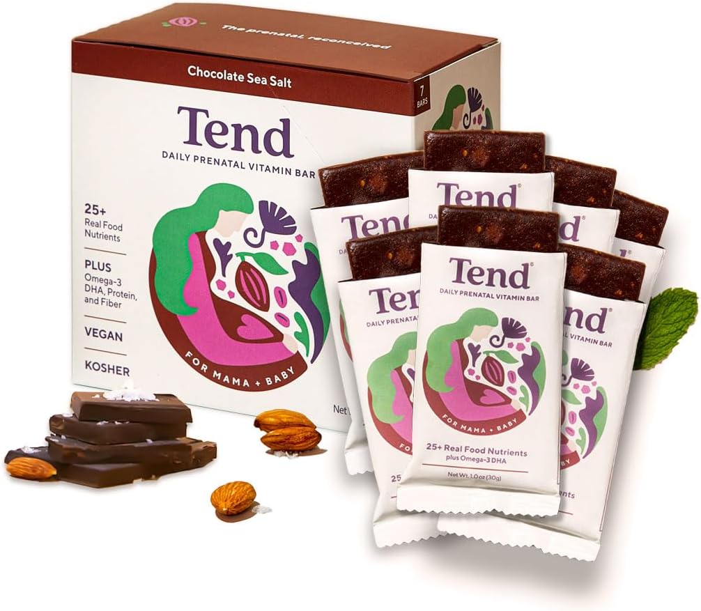 Tend Daily Best Prenatal Vitamin Bar, Dibuat dengan Ingrediasi Organik untuk Ibu hamil & Postpartum, Termasuk DHA, Vitamin D, B, Choline, Flolate - Cokelat Sea Salt (7ct)