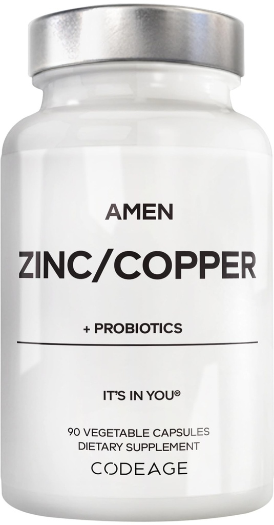 Amen Zinc & Copper Supplement + Propoles, 3 Bulan Supply, Satu per Hari - 50 mg Zinc Picolinate Pill Vitamin - Suplemen Mineral Escure - 2 Milyar CFUs Probiotic - Vegan, Non-GMO, 90 Capsules