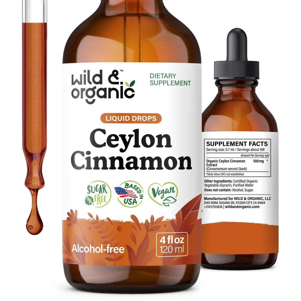 Wild & Organic Ceylon Cinnamon Tarture 500 mg - Liquid Cinnamon Support for Overall Support - Cinnamomum Verum Bark Extract - Vegan, Sugar & Alcohol- Free, Non-GMO - 4 fl oz