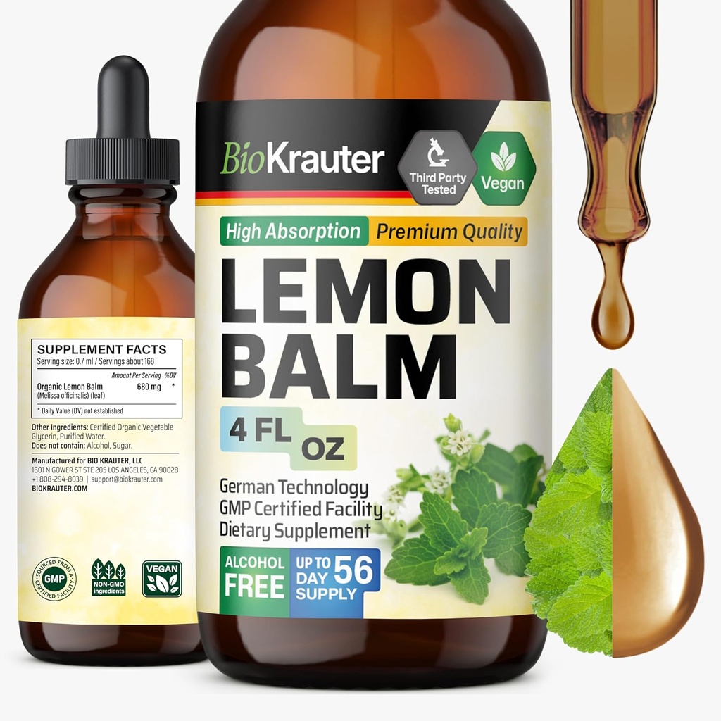 BIO KRAUTER Lemon Leaf Extract - Vegan Melissa Lemon Tincture untuk Bantuan Tenang - Gula & Alcohol- Bebas - 4 Fl. Oz.