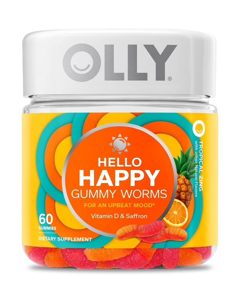 OLLY Hello Happy Gummy Worms, Mood Saldo Dukungan, Vitamin D, Saffron, Persediaan Keju Dewasa, Tropical Zing - 60 Count