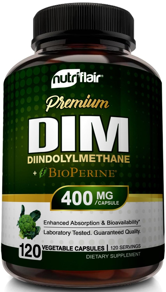 Suplemen DiM NutriFlair 400 mg dengan Bioperin, 120 Capsules - Diindolylmetana - Estrogen Metabolisme Dukungan & Hormone Saldo, Menopause, PCOS, Acne and Skin Care for Men & Women - Banding to 300mg