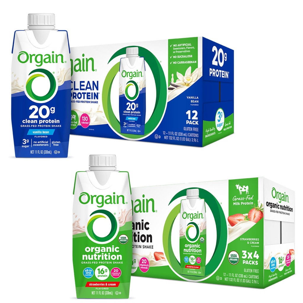 Orgain Clean Protein Shake, Grass Fed Dairy, Vanilla Bean (Kembungkus 12) dan Orgain Protein Nutration Shake, Strawberry & Cream (Paket 12)