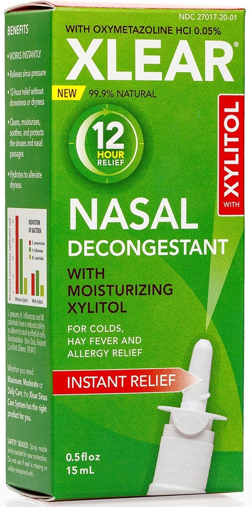 Xlear 12- Jam Natural Saline Nasal Decongestant Spray dengan Xylitol dan Oxymetazoline, Instant Tekanan Sinus dan Pelepasan Bisu untuk Anak-anak dan Dewasa 0.5 lf oz (Paket 3)
