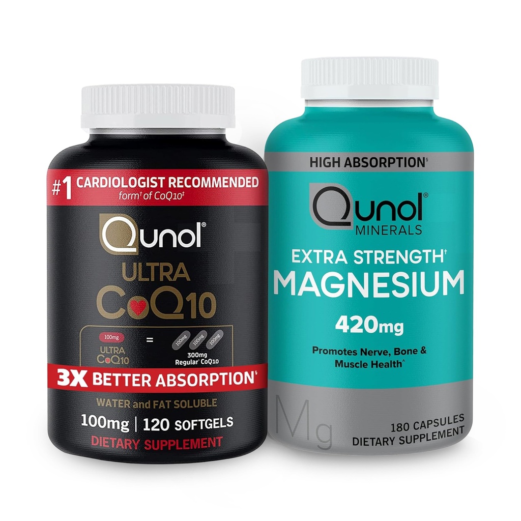 Qunul CoQ10 100mg Softgels, 3X Better Absorpsi 4 Bulan Tambahan 120 Menghitung Magnesium Glycinate Capsules 420mg, Absorpsi Tinggi Magnesium Suplemen, 180 Count