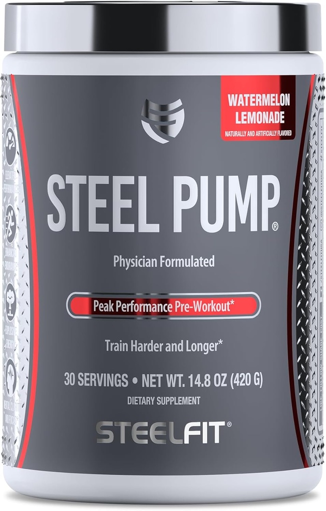 SteelFit Steel Pump 124; Advanced Pre Workout Powder & Nitric Oxide Suplement 12.4; Semangka Lemonon, 30 Servings; untuk Pembangunan Muscle & Pemulihan 124; Dibuat dengan Pulpen ATP, Ashwagandha, & Electrolytes