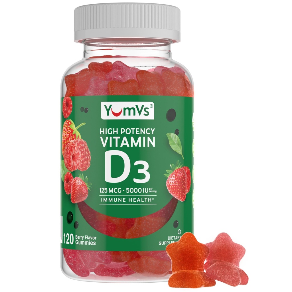 Vitamin D3 Gummies 5000 IU 125mcg D3 Gummies - Dukung Dukungan Imune, Kesehatan Tulang Kuat - Non-GMO, Gluten- Free, Dairy- Free, Vitamin D Gummy (120 Count)