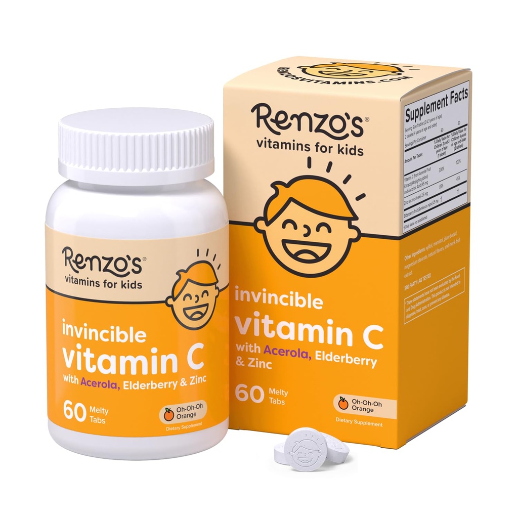 Renzo 's Invincible Vitamin C untuk Anak-anak dengan Elderberry dan Zinc, Anak-anak yang Tak Terpecahkan untuk Dukungan Imune, 60 Orange-Flavored Melty Tab