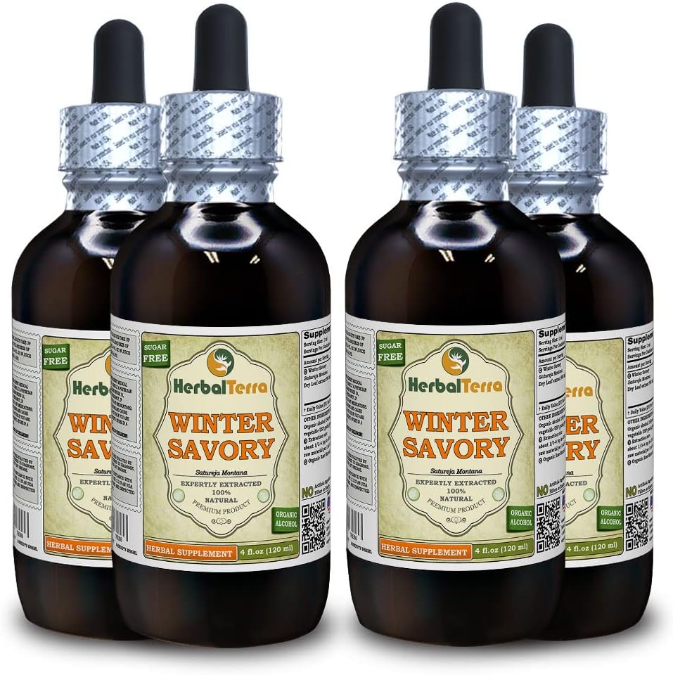Winter Savory (Satureja Montana) Tincture, Organic Dryed Leaves Liquid Extract (Nama Merek: HerbalTerra, Proughtly dibuat di USA) 4x4 f.oz (4x120 ml)