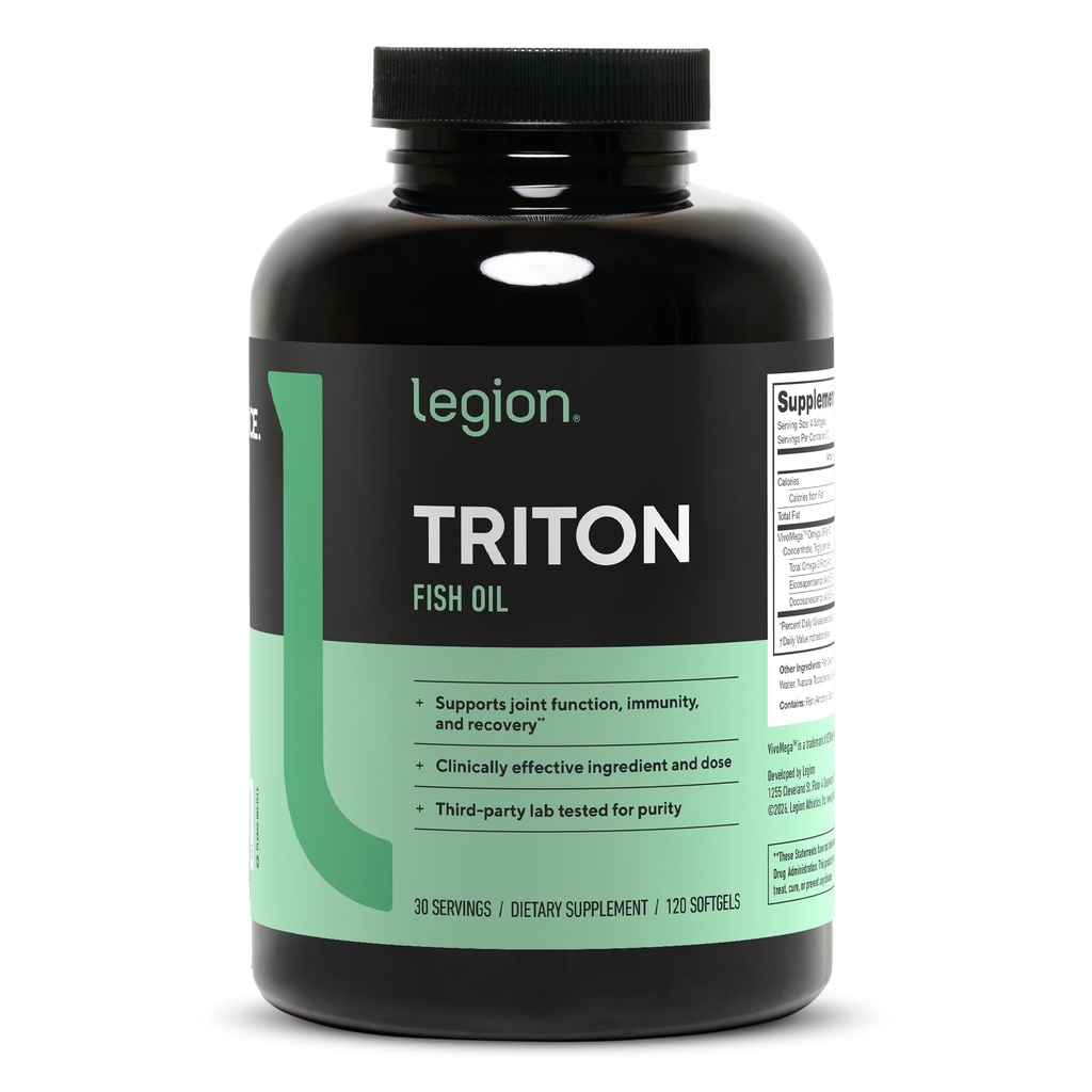 Legion Triton Fish Oil Capsules - Triple Strength Omega 3 Estial Acids dengan Vitamin E & Lemon Oil untuk Absorpsi Maksimum, Kebebasan- 2400mg EPA & DHA Per Serving, 30 Svgs
