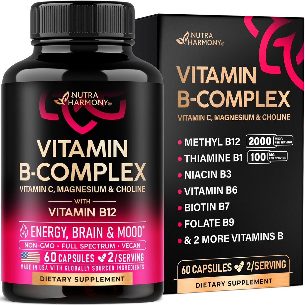 Vitamin B Kompleks untuk Pria & Women - Riboflavin B2, B12, B1, B3, B5, B6, B8, B9, B9 124; Vitamin C, Choline, Inositol - B-Complex Suplemen - Energi, B5, B6, B7, B9, 60 Vegan Caps