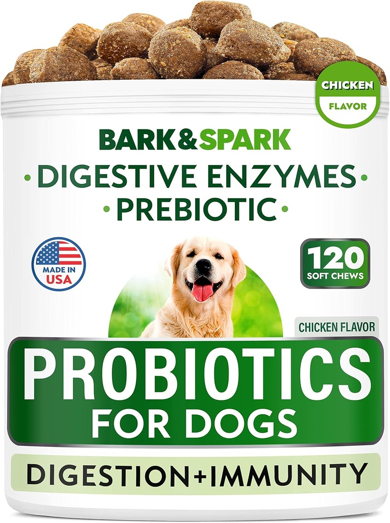 BARK & SPARK Dog Probiotic Chews - Gas, Diare, Allergies - Enzymes + Prestibile - Chewable Fiber - Dibuble, Imunitas - USA Membuat - 90 Ct - Chicken