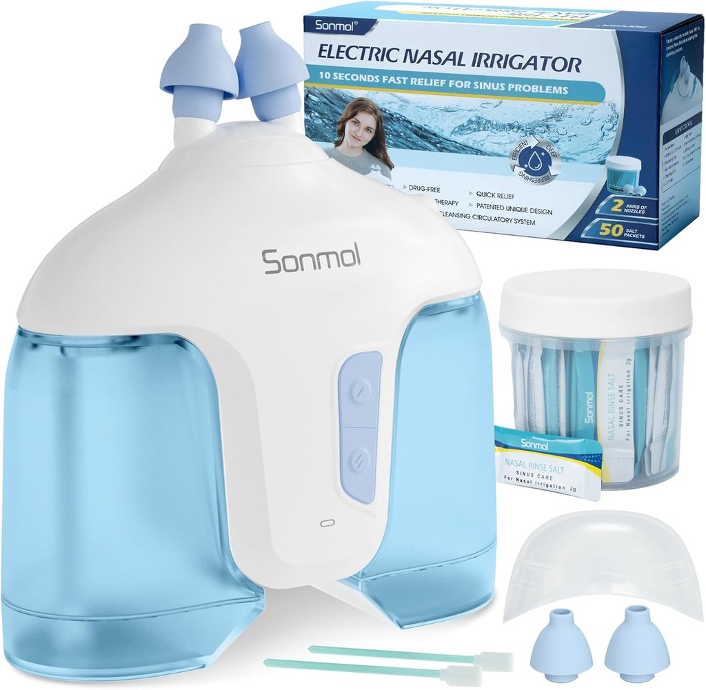 Sonmol Electric Nasal Irrigation System (Sistem Irrigation Nasal, Blue), Nose Cleaner untuk Sinus Dewasa, Pembersih Nasal dengan 50 Paket Saline