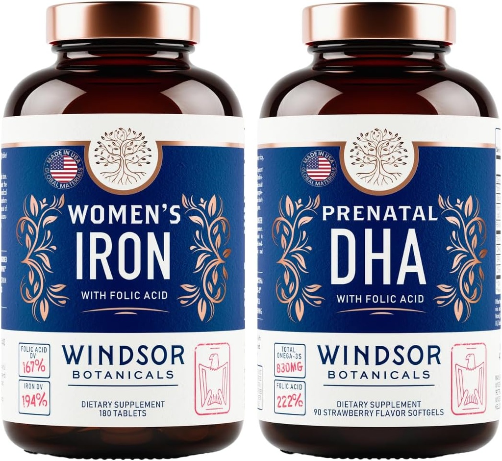 WINDSOR BOTANICALS Prenatal DHA dan Pil Besi untuk Perempuan dengan Acid Folic - Prenatal Vitamin Bundle