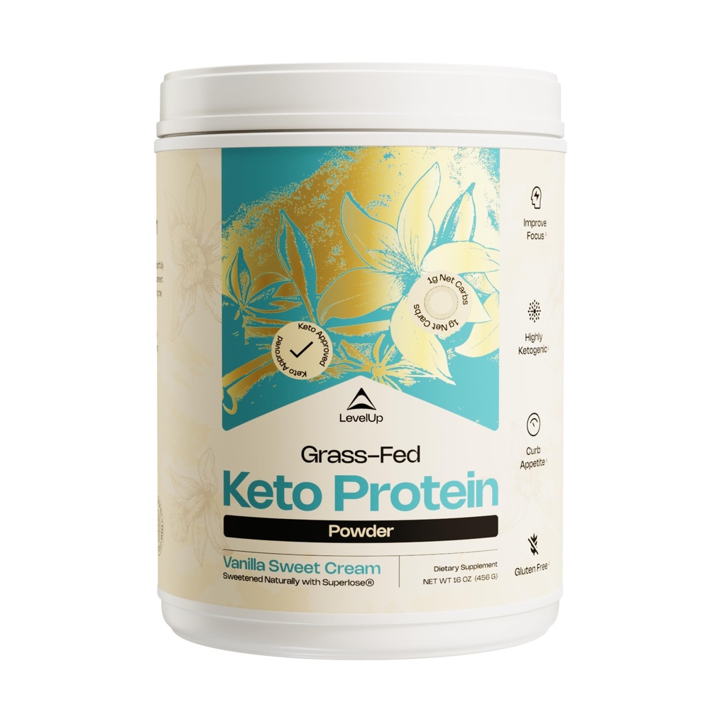 LevelUp Keto Protein, dengan Collagen Peptides, Energizing MCT, Whey Isolate Protein, Persediaan Protein Ketogenik - Vanilla Sweet Cream