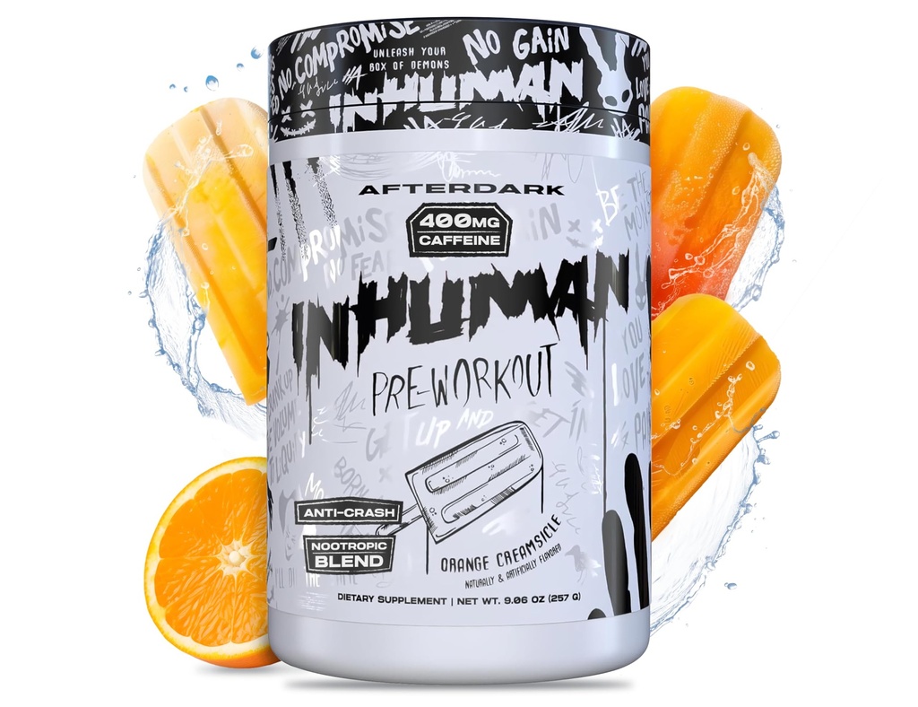 AFTERDARK INHUMAN Pre-Workout Powder, Enhanced Mind- Muscle Connection, Substained Energy, Powernootropic Blend, Vegan, Gluten-Free, Soy-Free, 400mg Caffeine, No Crash, Orange Creamsicle