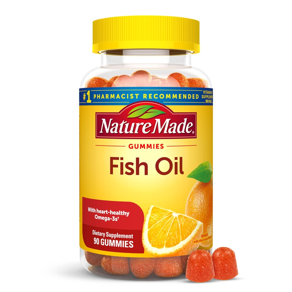 Nature Made Fish Oil Omega 3 Gummies, Omega 3 Fish Oil Suplemen, Dukungan Hati Sehat, 90 Gummies, Persediaan 45 Hari