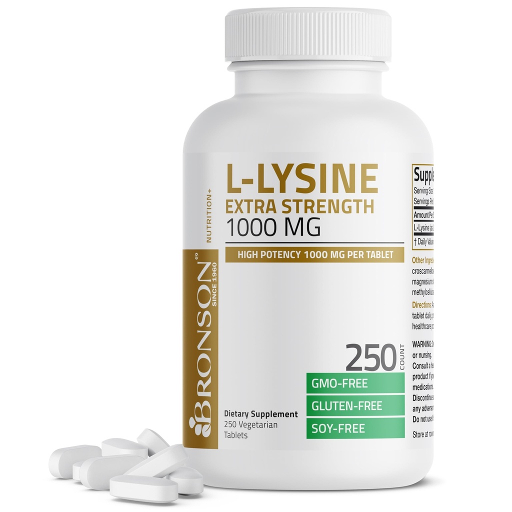 Bronson L-Lysine Ekstra Kekuatan 1000 MG per Potensi Tinggi Tablet, Dukungan Imune & Support Collagen Synthesis, Non-GMO, 250 tablet Vegetarian