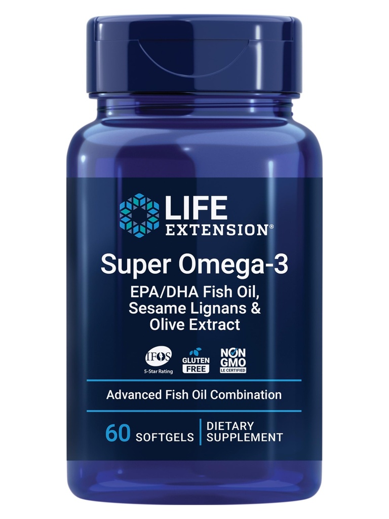 Extension Super Omega-3 EPA / DHA Fish Oil, Sesame Lignans & Olive Extract - Heart Health, Inflammation Health Dukungan Kesehatan Cholesterol, Gluten- Free, Non-GMO, 60 Softgels