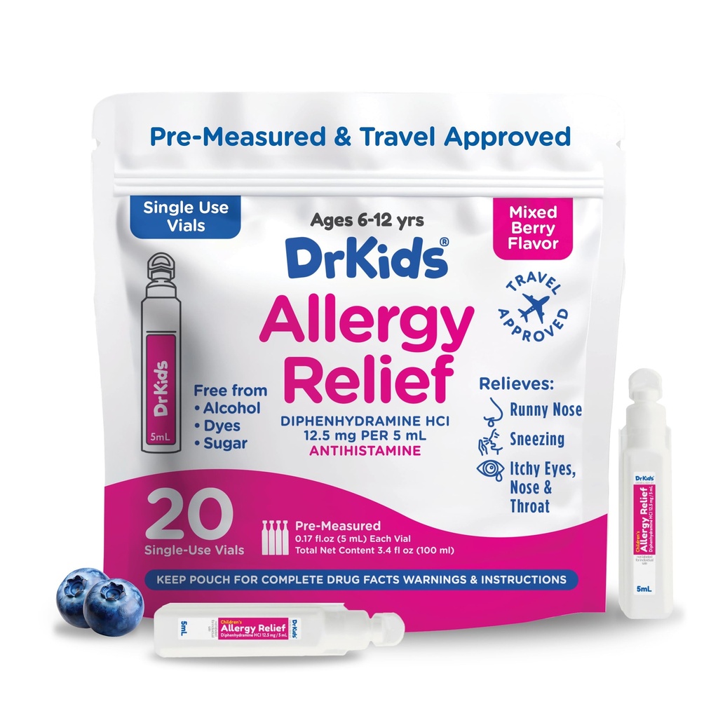 Dr. Kids 's Allergy Relief Medicine dengan Diphenhydramine - Precired Single- Gunakan Vials, Anak Antihistamin untuk Sneezing, Noose & Itchy Eyes, Mixed Berry Flavor, 20 Count (Paket 1)