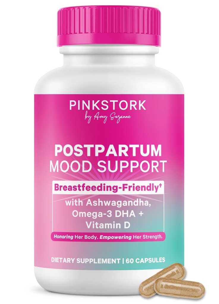 Postpartum Mood Pink Stork - Posnatal Hormone Saldo for Women - Break Friendly - Stress & Cognitive Dups, New Mom Estials - Ashwagandha, Chamomile, & Vitamin D, 60 Capsules