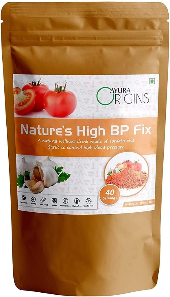 BEAT AYURA Origins Nature 's High BP Fix, Herbal Suplemen untuk Bantuan Tekanan Darah Rendah, Bantuan Hipertensi, Supports Heart Health, Dibuat dengan Tomato Pure dan Powder Garlic, 200 Grams