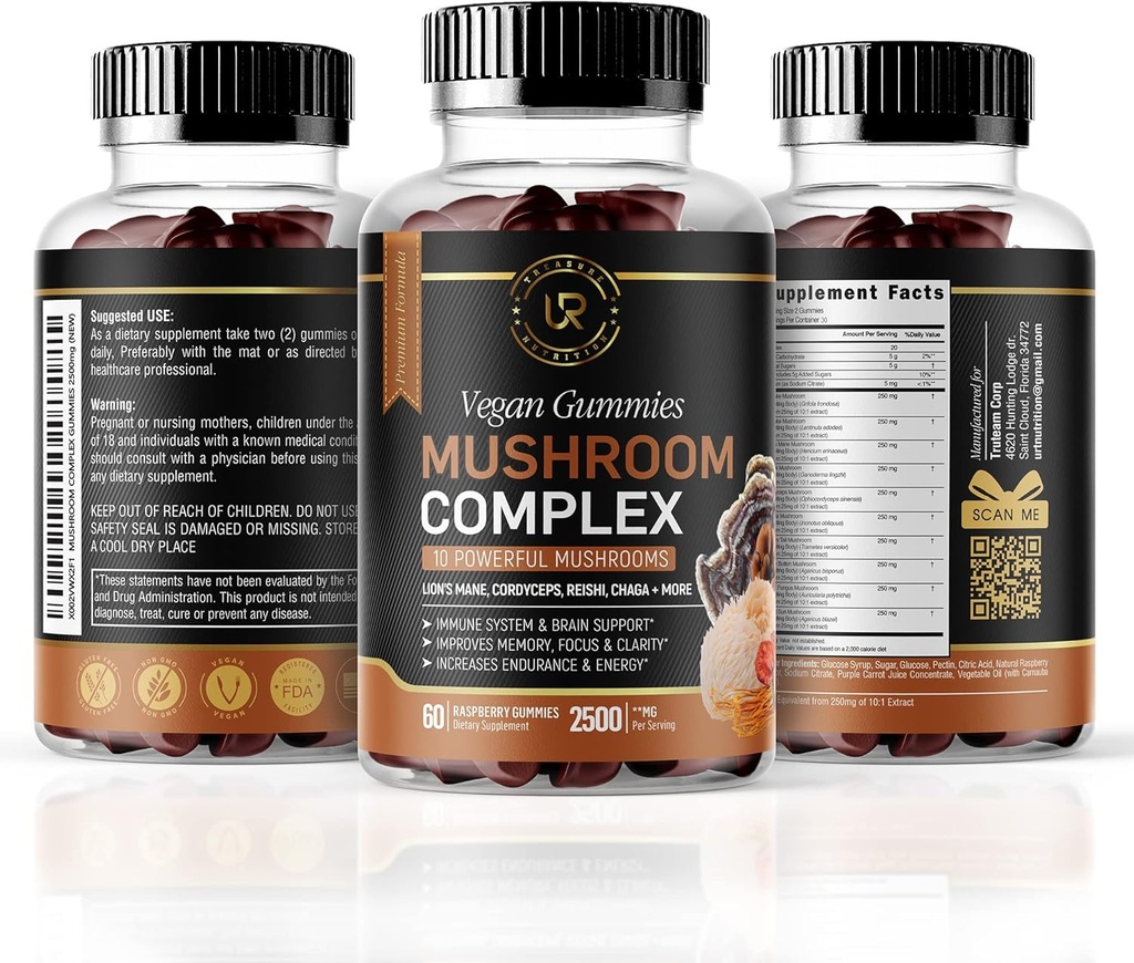 Mushroom Gummies 124; 10 Mushroom Supplemen 124; 2500mg 124; Turkey Tail, Chaga, Reishi, Cordyceps & Lions Mane Organic Mushroom Extracts, Nootropic Brain Booster (180 Cacah 3)