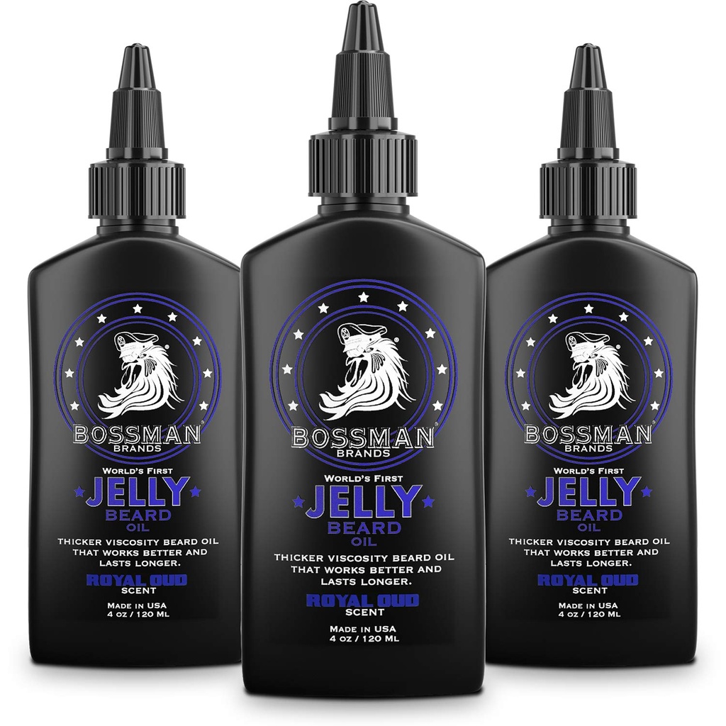 Bossman Jelly Beard Oil for Men - 3 Pack (12 oz in Total, Royal Oud Scent) - Softens, Moisturizes & Conditions with Natural Ingreations