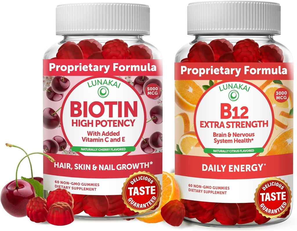 Lanakai Biotin dan Vitamin B12 Gummies Bundle - Hair Skin dan Nails Growth Gummies dengan Vitamin C dan E - None-GMO & Vegan & Support Energi dan Bone Health - 30 Hari Tambahan