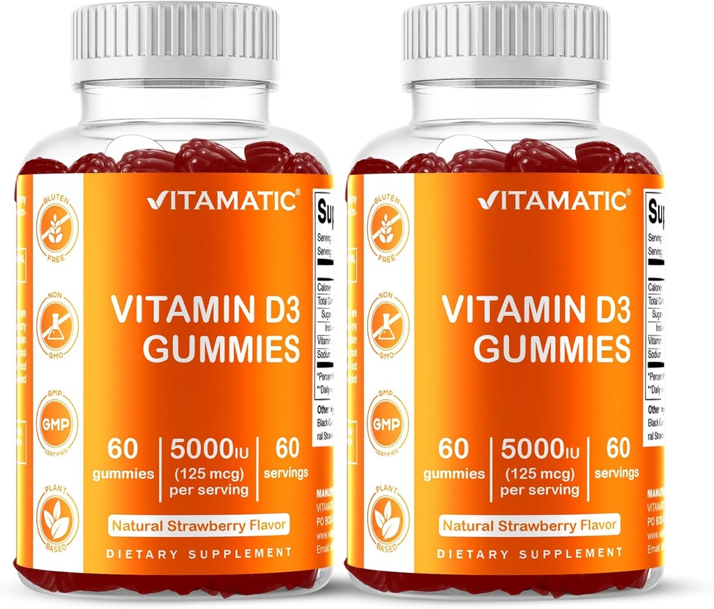 Vitamin Vitamin D3 Gummies - 5000 IU Per Gummy = 124; 60 Gummies per Botol 124; Paket 2 (Total 120 Count) Rasa Besar 112; Mendukung Bone, Teeth, Mood, Gabungan & Imune Kesehatan