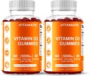 Vitamin Vitamin D3 Gummies - 5000 IU Per Gummy = 124; 60 Gummies per Botol 124; Paket 2 (Total 120 Count) Rasa Besar 112; Mendukung Bone, Teeth, Mood, Gabungan & Imune Kesehatan