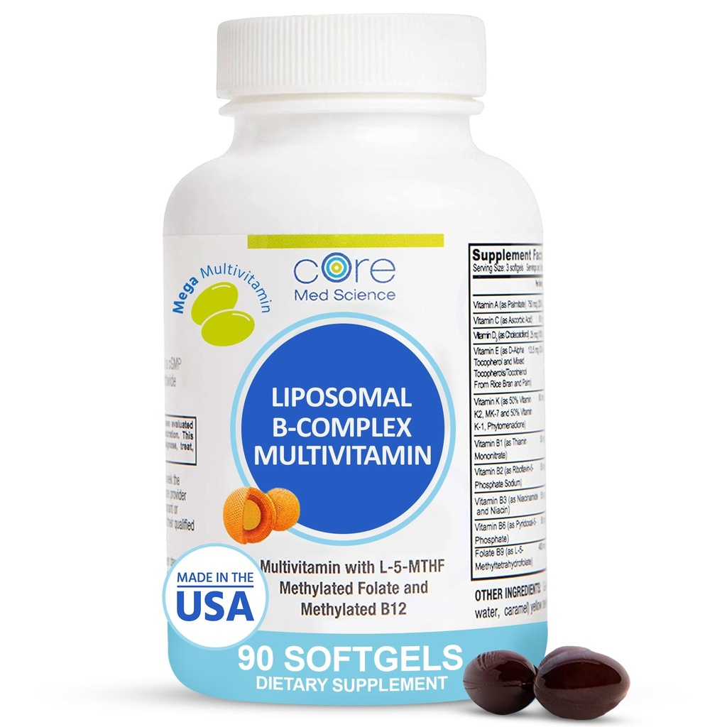Inti Ilmu Pengetahuan Lipomal Metode Multivitamin B- Kompleks, 90 Softgels - Kompleks Super B Aktif Non-GMO Tambahan Vitamin Vitamin untuk Kesehatan Jantung - Metil B Kompleks Dukungan Immune