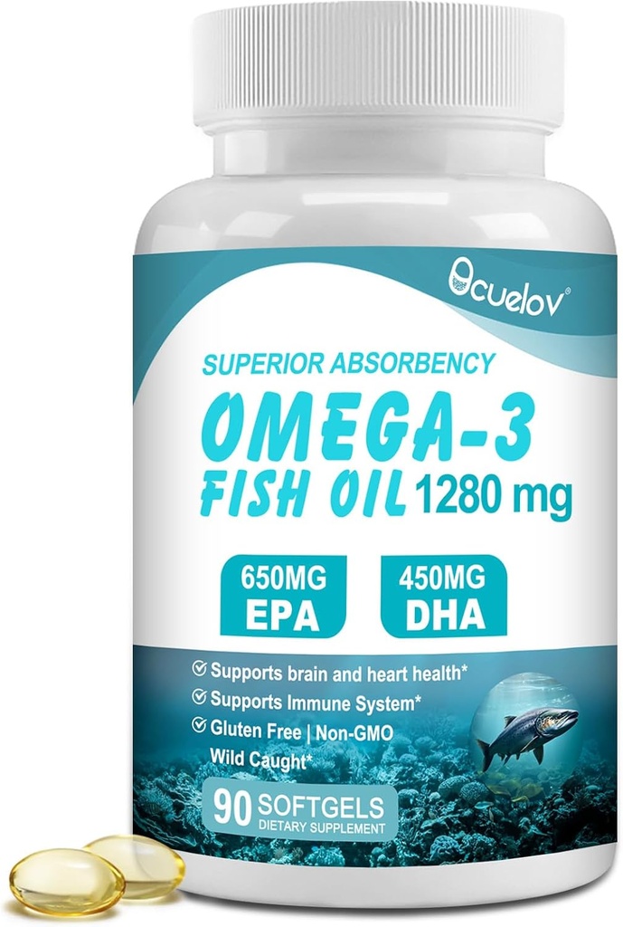 Tambahan Minyak Ikan Omega 3, Suplemen Triple Kekuatan Omega 3 Nutres dengan 650mg EPA 450mg DHA Per Serving - Otak, Mata, Jantung & Imune Kesehatan - 90 Softgels (45 Serv)