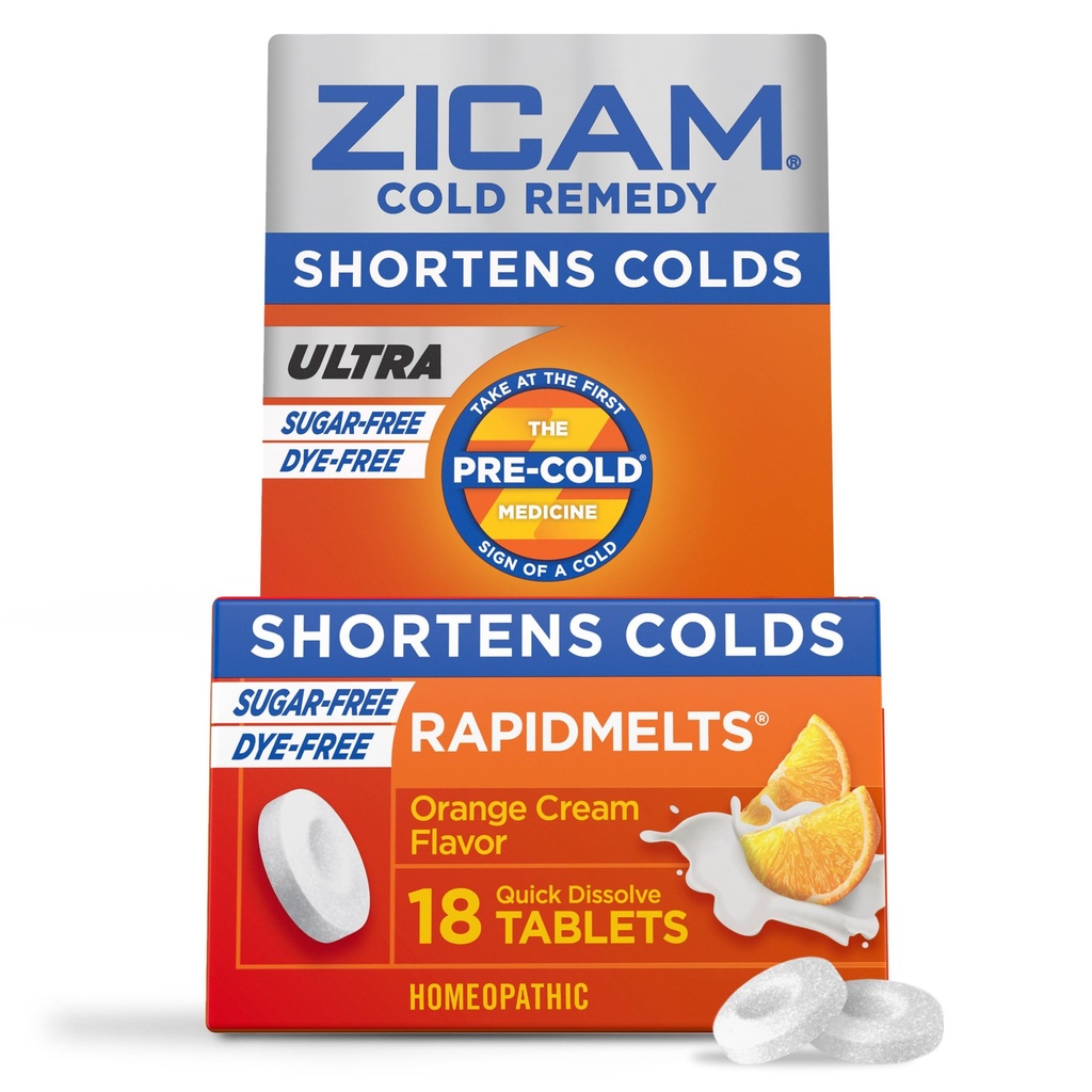 Zicam Ultra Cold Remedy Zinc Rapidmelts, Orange Cream Flavor, Homeopathic, Cold Shortening Medicine, Shortens Cold Durasi, Sugar- Free, Dye- Free, 18 Count