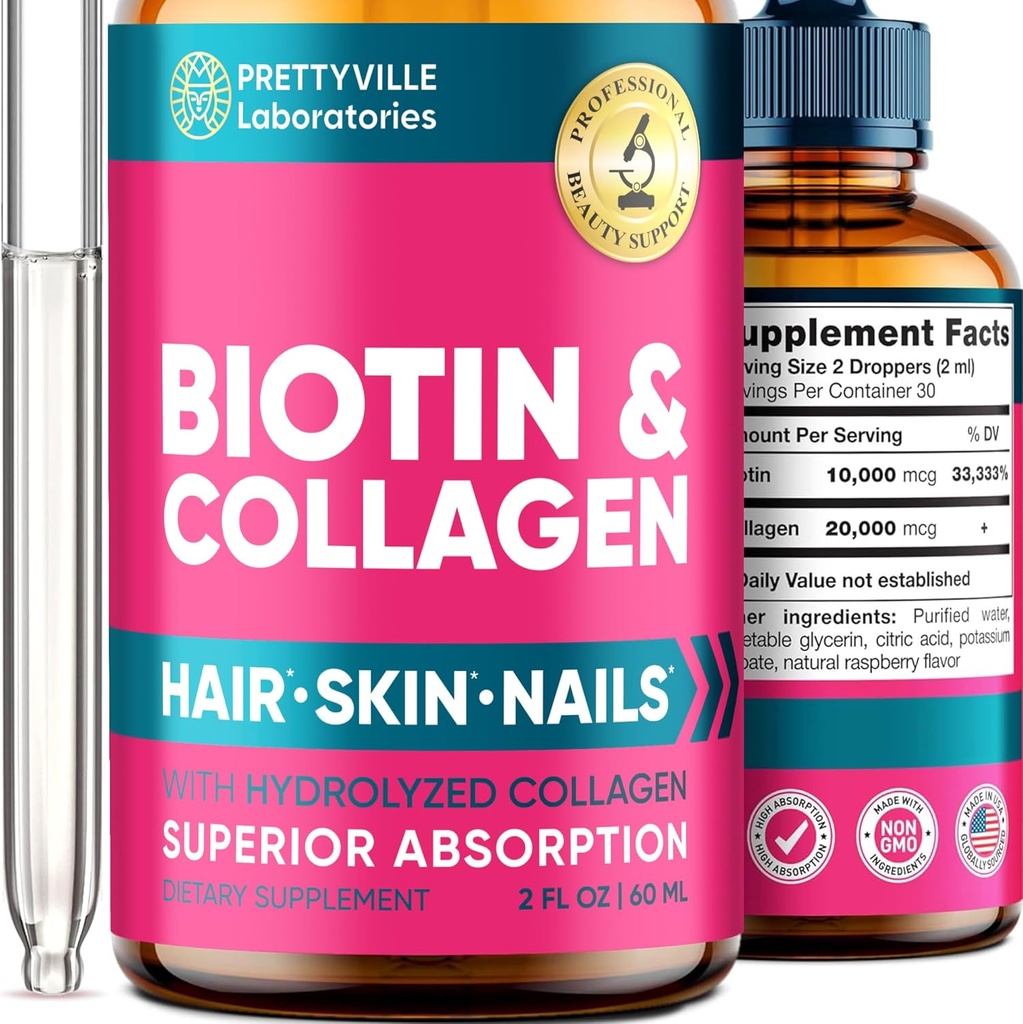 Liquid Collagen & Biotin for Women - 30000mcg Hair Growth Complex - Made in USA - Collagen & Biotin Oil for Hair Growth, Healthy Skin & Nails - Vegan Collagen & Biotin Source - 2 fl oz