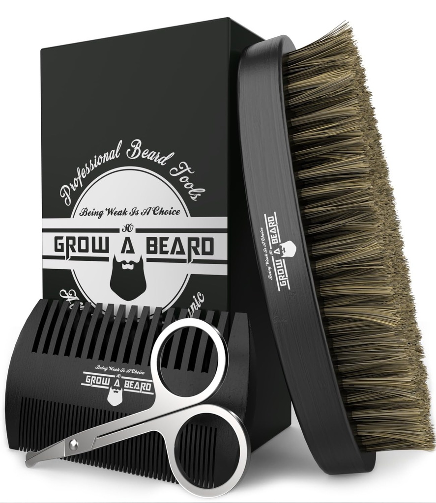Beard Brush For Men & Beard Comb Set w / Kumis Gunting Grooming Kit, Natural Boar Bristle Brush, Dual Action Wood Comb, And Travel Bag Great For Christmas Gift