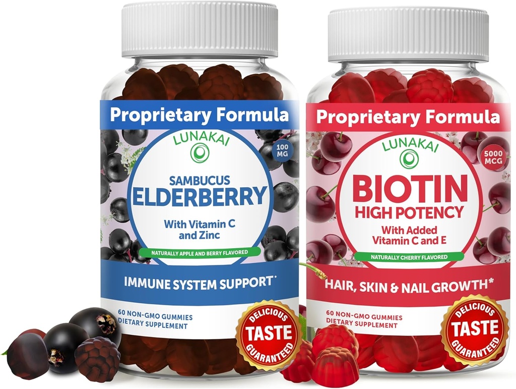 Lunakai Biotin & Elderberry Gummies Bundle - Gummy for Hair Growth, Skin Glow and Stronger Nails with Vitamin C and E - Imune Supplemen Dukungan untuk Dewasa dan Anak-anak