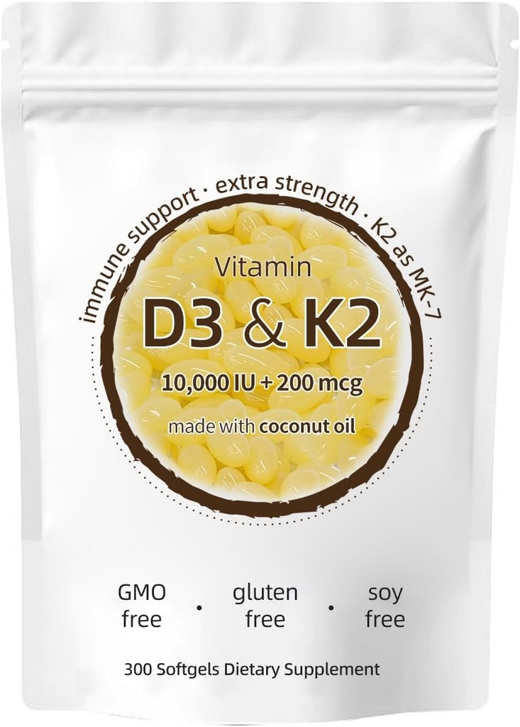 Tambahan Vitamin D3 K2, 10.000 IU D3 + 200 MCG K2, 300 Softgels, Non- GMO, Gluten- Free