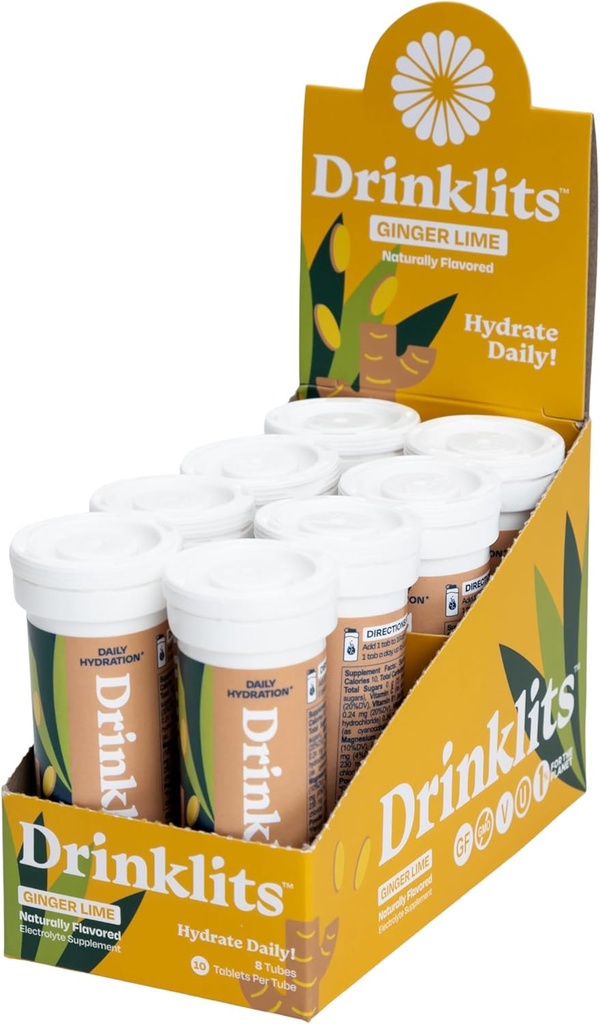 Drinklits Ginger Lime Electrolite Sports Drink Fizzy Hidration Tablet (8) Link Bundle 124; Natural Flavors - 0g Sugar - Daily Use 124; 80 Servis - 10 Tablets Per Tube