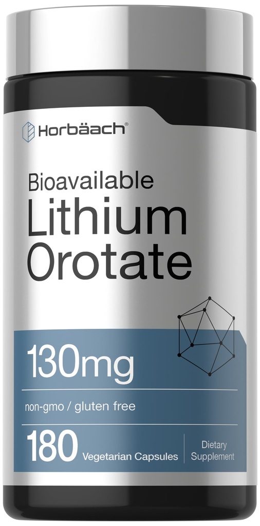Horbäach Lithium Orotasi 130mg 124; 180 Capsules 124; Non-GMO, Gluten Free 124; 5mg Bioavailable Elemental Lithium
