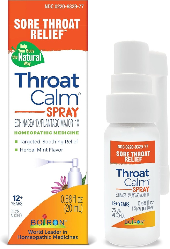 Boiron ThroatCalm Spray for Soothing Sore Throat Relief - Plant-powered with Echinacea - Natural, MintLike Herbal Flavor - Nun-Nupping & Benzocainef - Free - .68 Fl Oz
