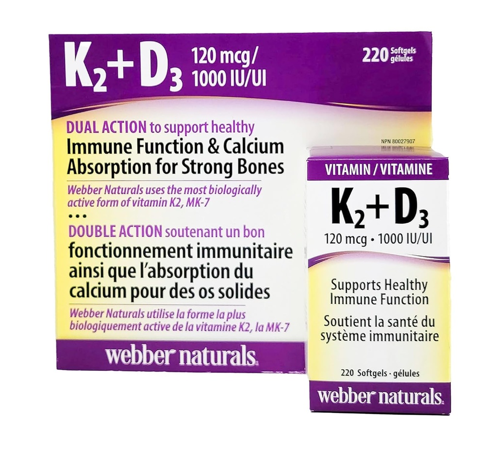 Webber K2 + D3 120 mcg / 1000 IU, Menyediakan Fungsi Kebal - 220 softgels
